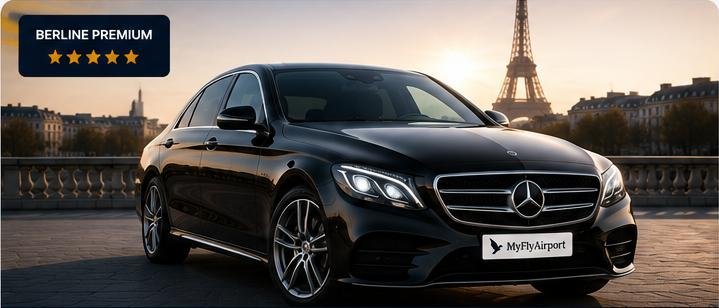 Mercedes Classe E, berline premium My Fly Airport devant la Tour Eiffel